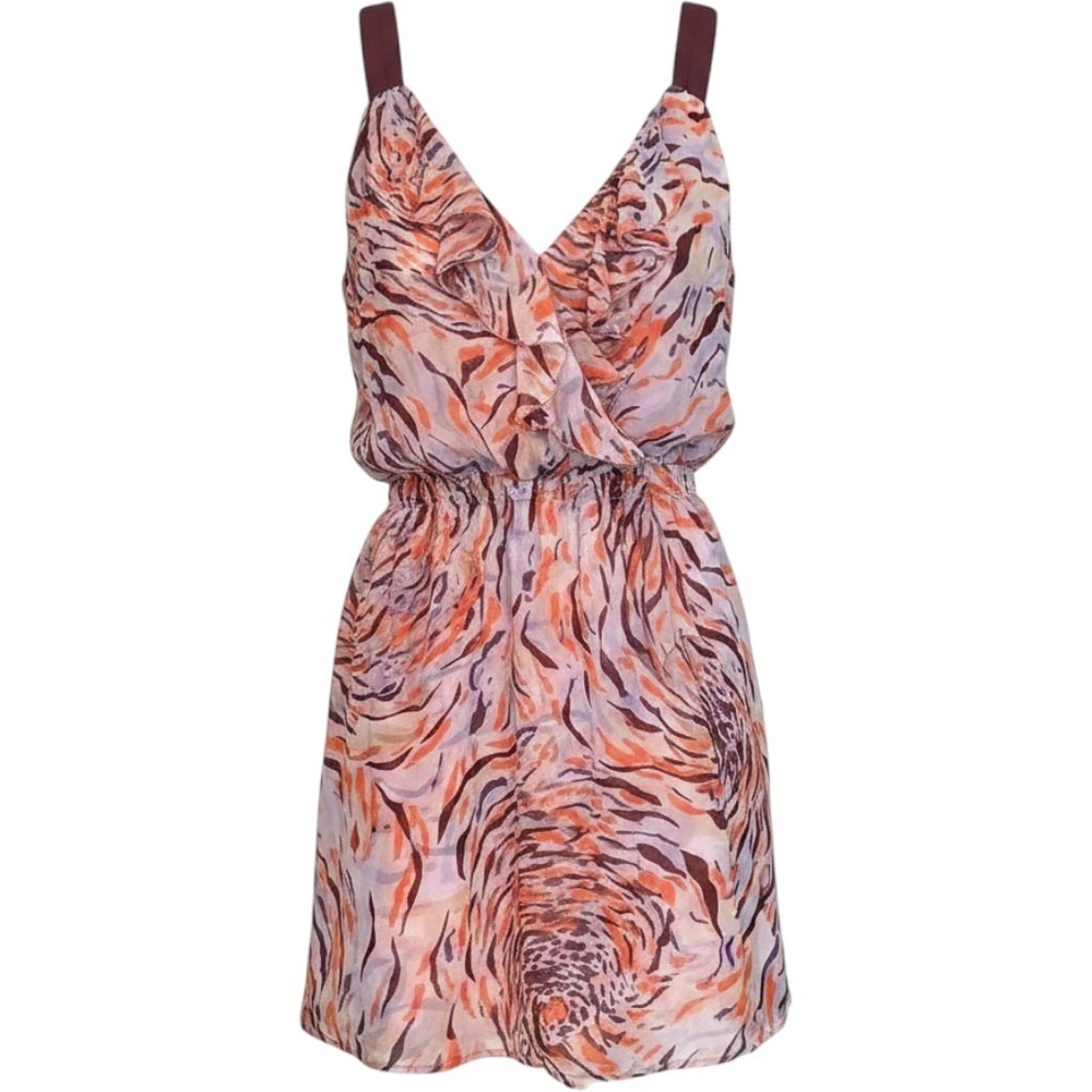 Charlie Jade Fairy Abstract Print Ruffle Mini Dress Orange Brown Smocked Waist S